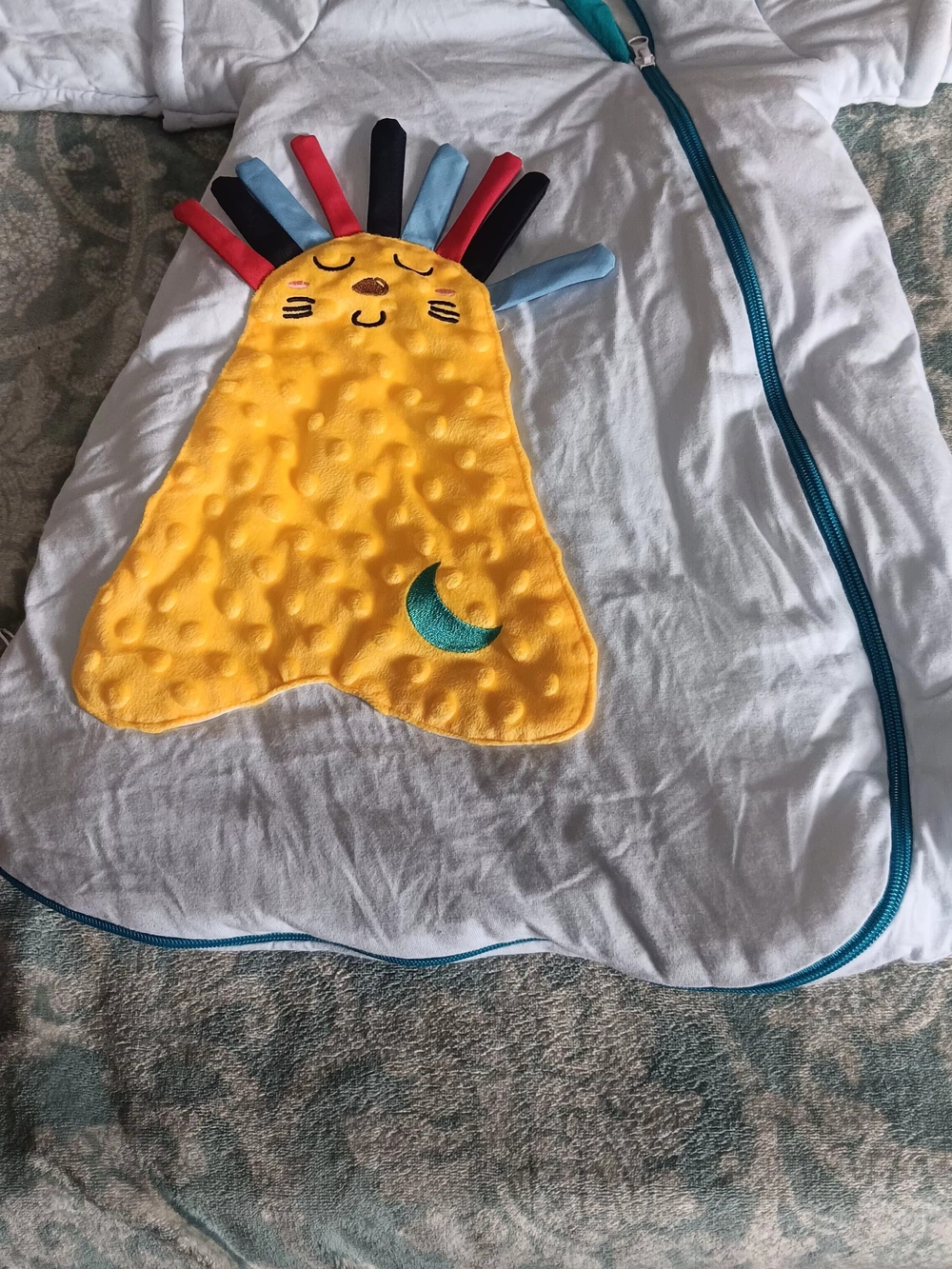 Love White Baby Sleep Sack with Yellow Plush Character and Teal Trim